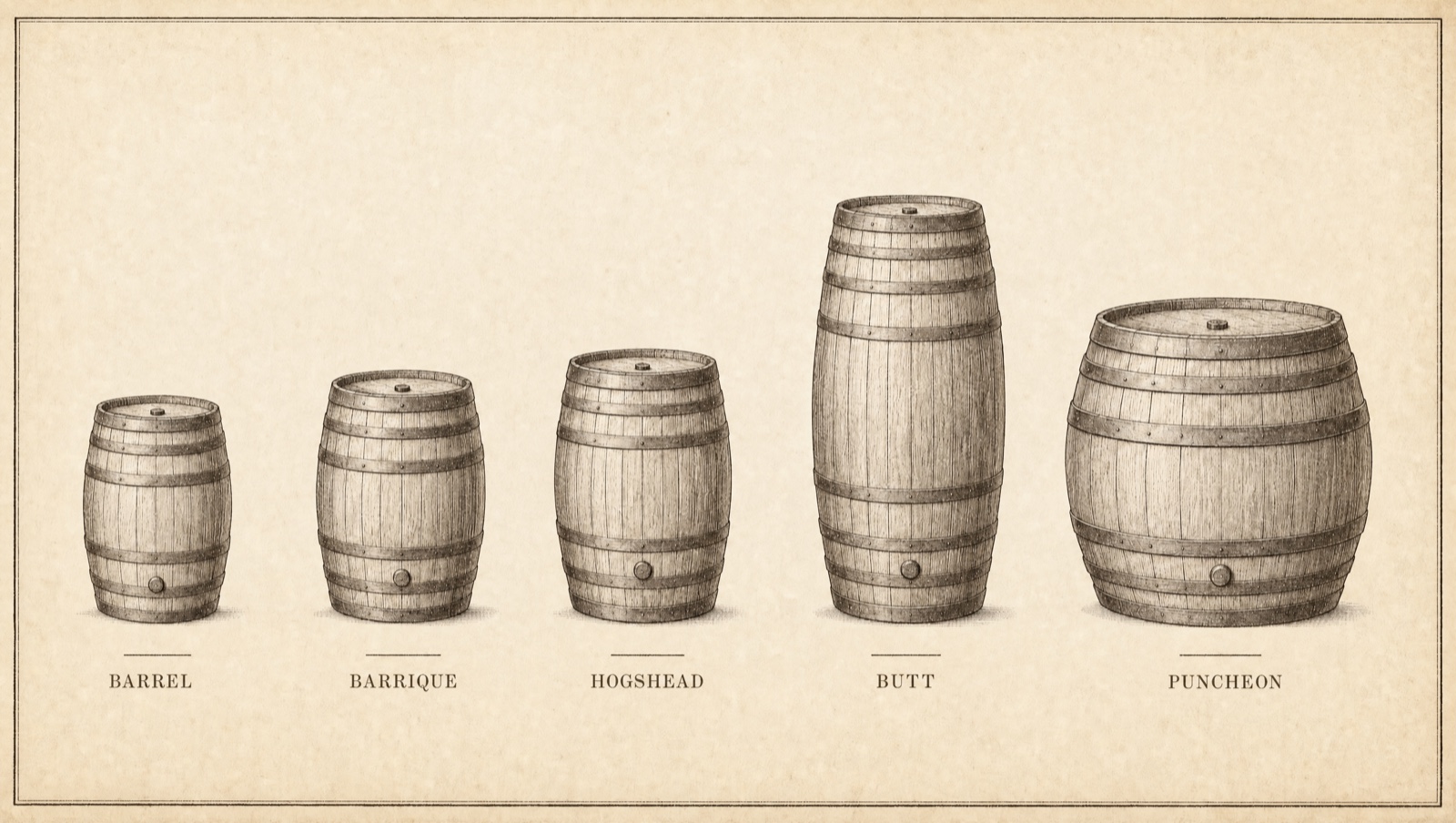 Engraved illustration comparing five whisky cask types side by side, smallest to largest: barrel, barrique, hogshead, butt and puncheon. The butt is tall and narrow, the puncheon shorter and wider.